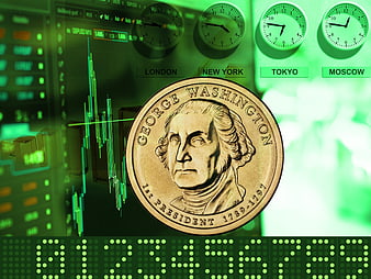 US Penny Coin Overlaid On Green Financial Trading Charts And Clocks