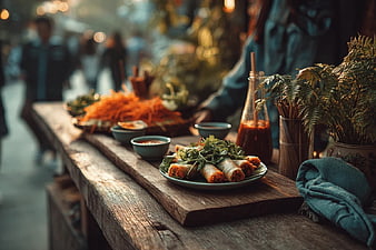 Fresh Spring Rolls with Herbs on Rustic Wooden Table