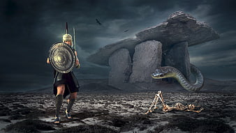 Fantasy warrior facing giant snake near ancient megaliths