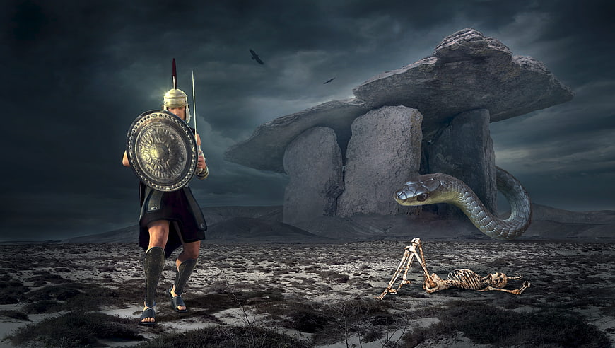 Fantasy warrior facing giant snake near ancient megaliths