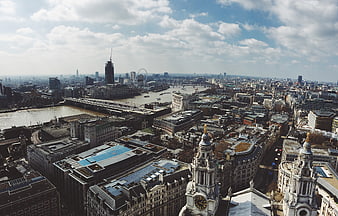 Aerial View of London Skyline with Thames River and St. Paul's Cathedral