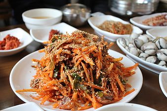 Korean Carrot Salad with Sesame Seeds and Clams