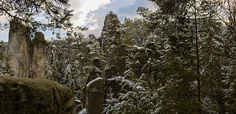 Snowy sandstone rock formations in a winter forest landscape