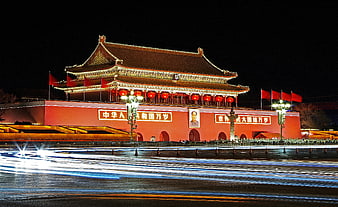 Tiananmen Gate at Night with Light Trails