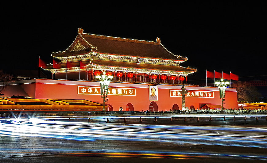 Tiananmen Gate at Night with Light Trails