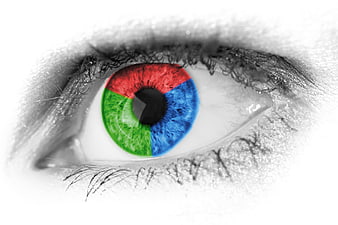Close-up of eye with red, green, and blue iris