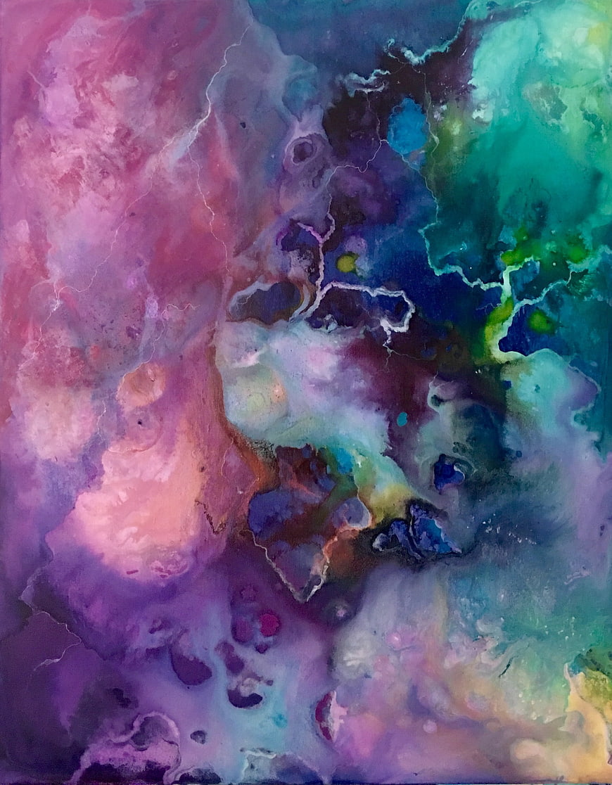 Abstract fluid art painting with vibrant pink, purple, and teal colors
