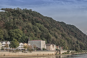 Danube River Bank with Houses and Forested Hill in Passau