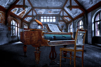 Surreal Grand Piano Aquarium in Abandoned Gothic Hall