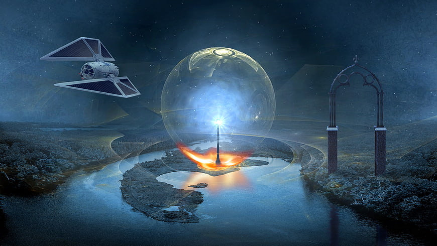 Surreal Sci-Fi Landscape with Spaceship and Glowing Orb