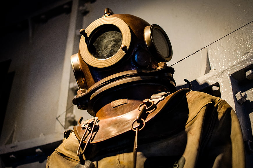 Vintage Brass Diving Helmet and Suit Display