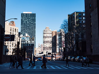 Pedestrians Crossing Street in Urban Cityscape