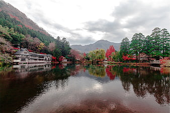 Serene Japanese River Landscape with Autumn Foliage and Reflections