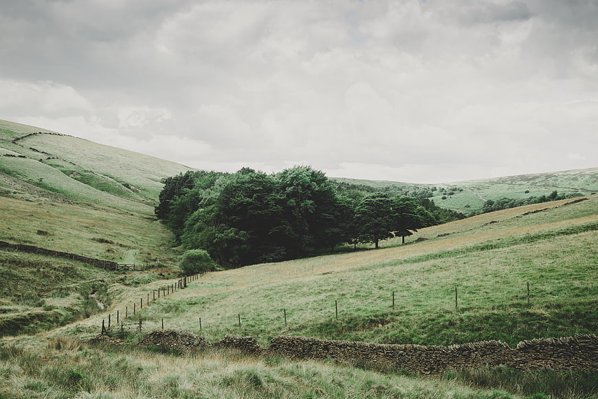 Rolling green hills and stone walls in rural countryside landscape
