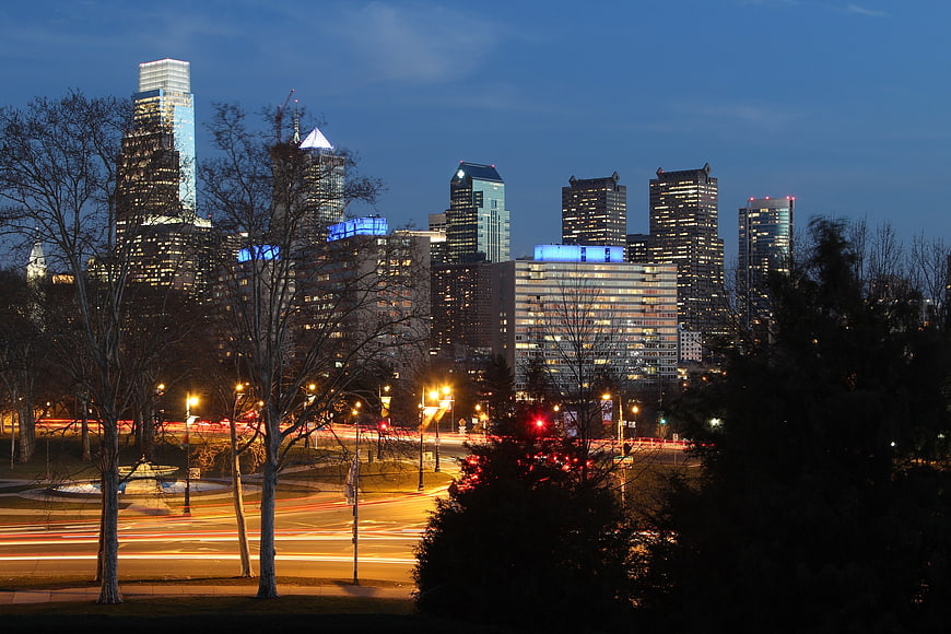 Denver Skyline at Dusk with Long Exposure Traffic Trails