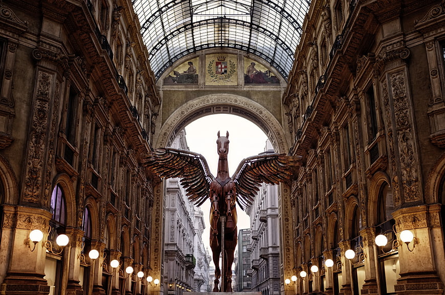 Giant Winged Horse Sculpture in Ornate Glass Arcade