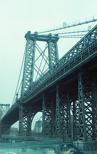 Vintage low angle view of Manhattan Bridge steel structure