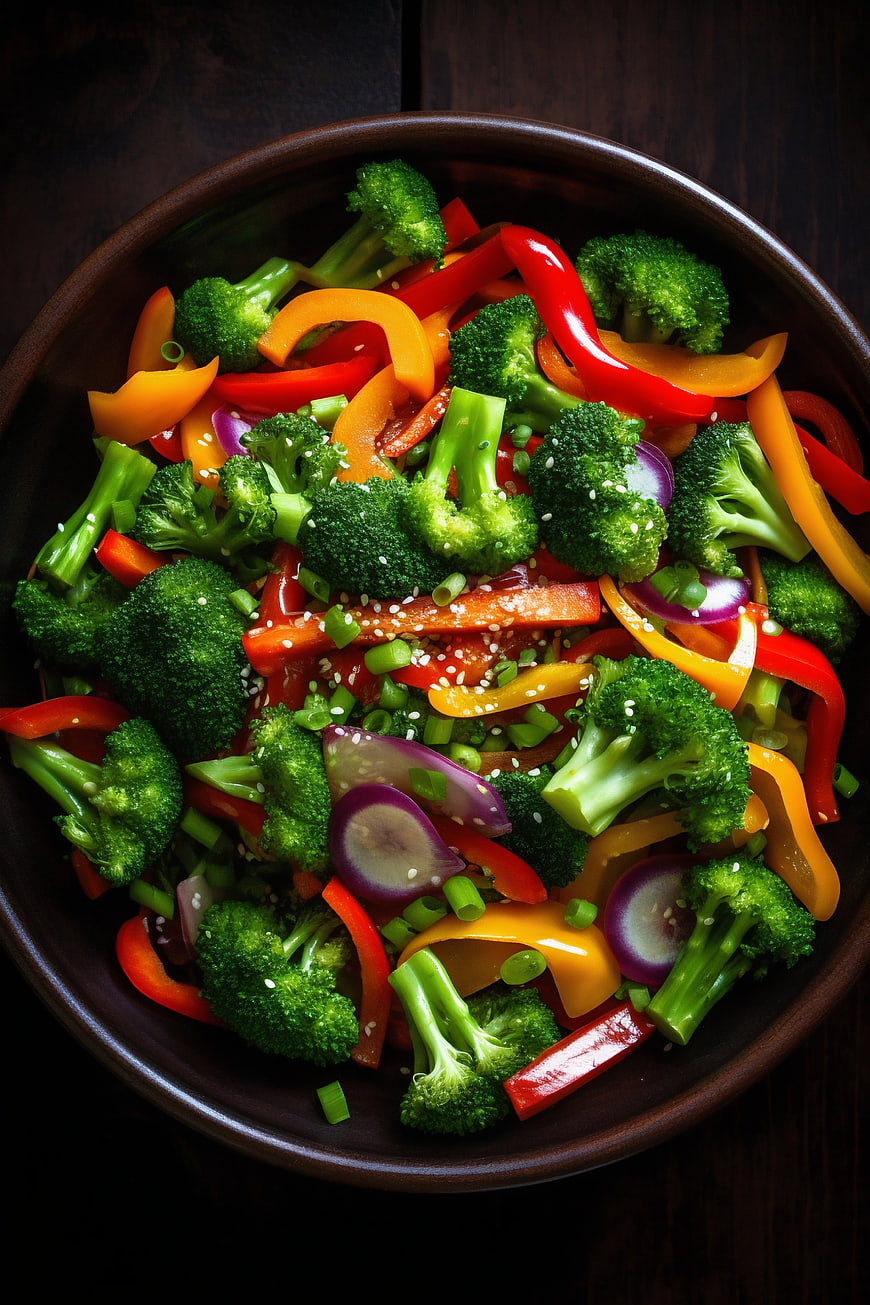 Colorful stir-fried broccoli and peppers in a bowl