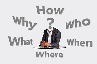 Businessman with question mark head surrounded by question words
