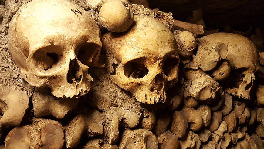 Stacked Human Skulls and Bones in Catacombs