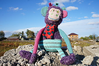 Colorful Knitted Monkey Toy on Rocks Outdoors