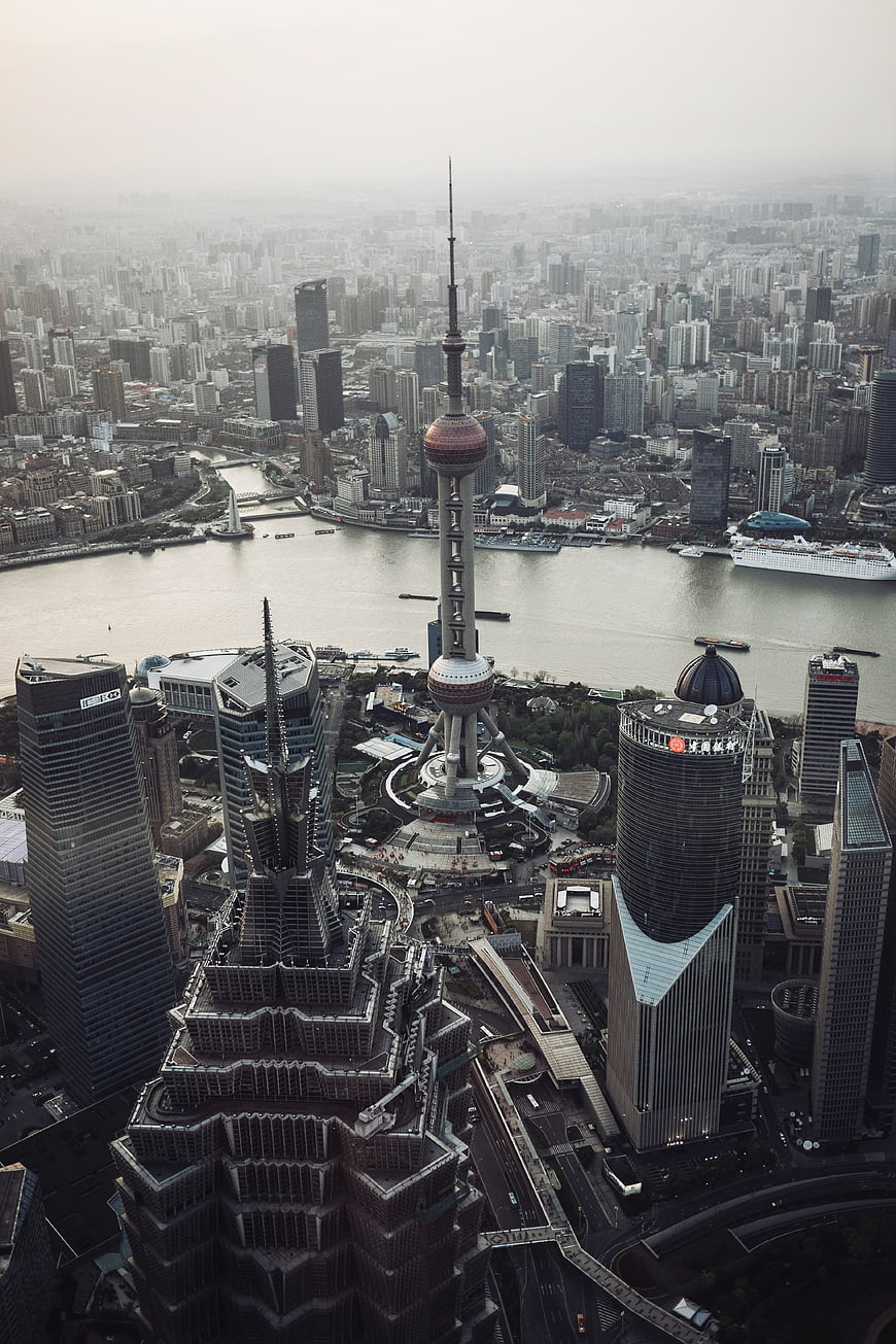 Aerial View of Shanghai Skyline with Oriental Pearl Tower