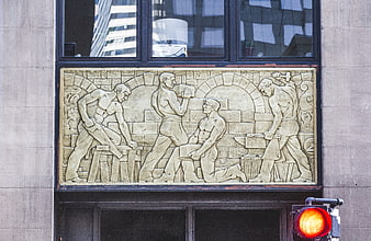 Art Deco Stone Relief Sculpture of Construction Workers on Building Facade