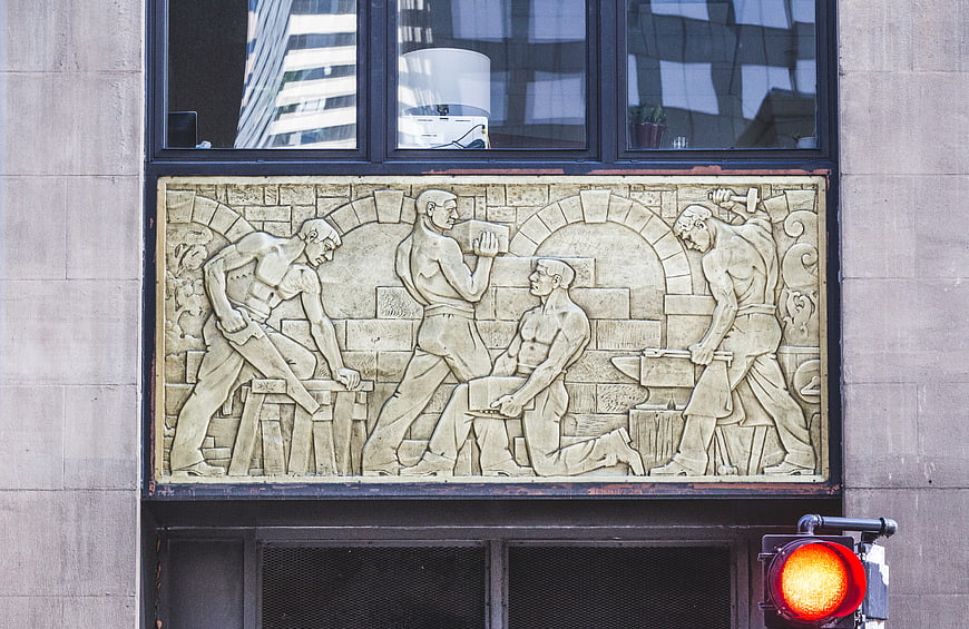 Art Deco Stone Relief Sculpture of Construction Workers on Building Facade