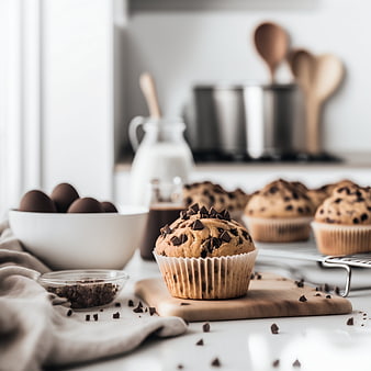 Freshly baked chocolate chip muffins on a kitchen counter
