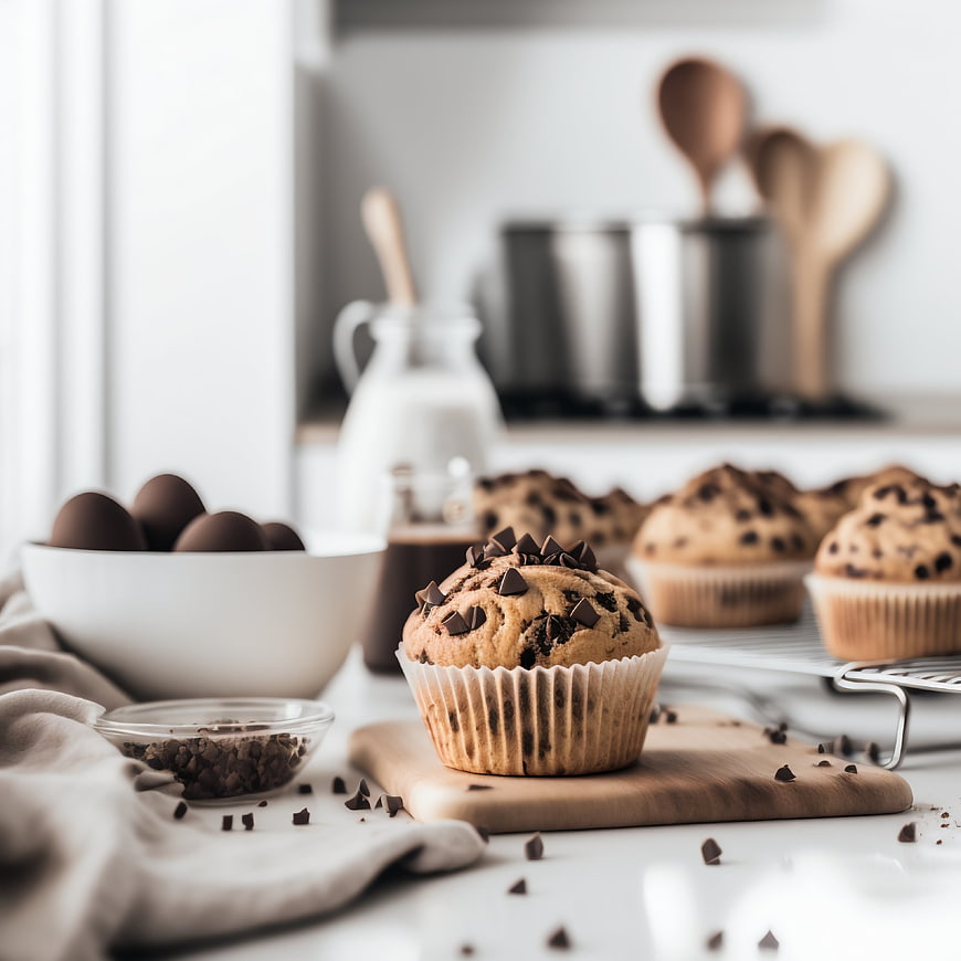 Freshly baked chocolate chip muffins on a kitchen counter