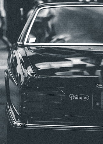 Close-up of vintage Daimler car rear in black and white