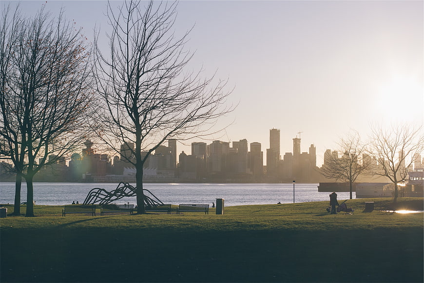Sunrise over city skyline from waterfront park with bare trees