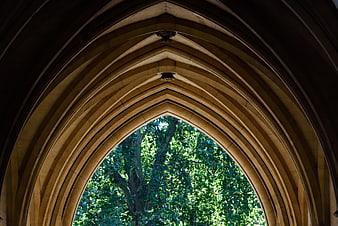 Gothic stone archway framing lush green trees