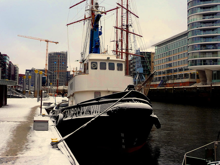 Historic Fairplay VII Ship Docked in Snowy Hamburg Harbor