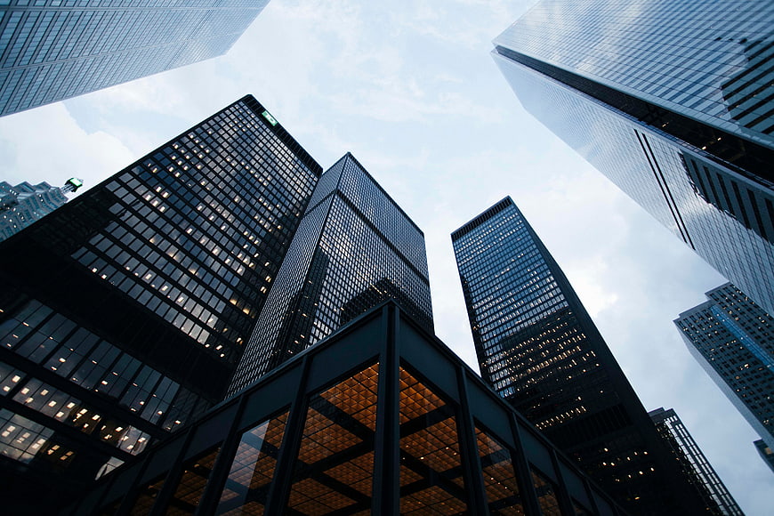 Low angle view of modern skyscrapers in a city