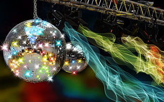 Disco balls with colorful lights and smoke effects