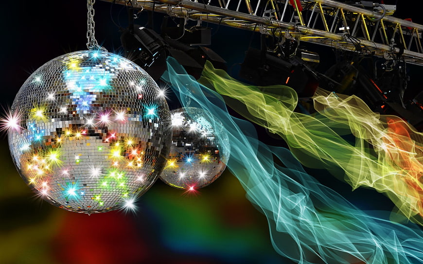 Disco balls with colorful lights and smoke effects
