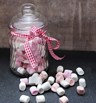 Glass Jar of Pink and White Marshmallows with Red Gingham Ribbon