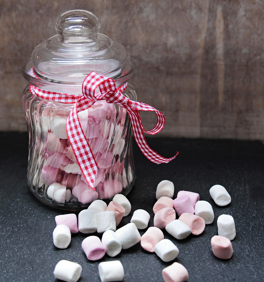 Glass Jar of Pink and White Marshmallows with Red Gingham Ribbon