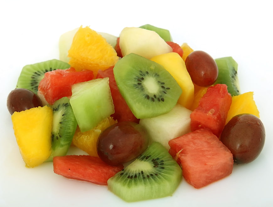 Fresh mixed fruit salad with kiwi, watermelon, and grapes
