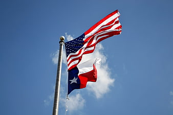 American and Texas flags waving against blue sky