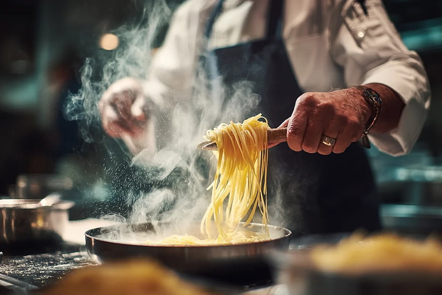 Chef twirling steaming spaghetti in a professional kitchen