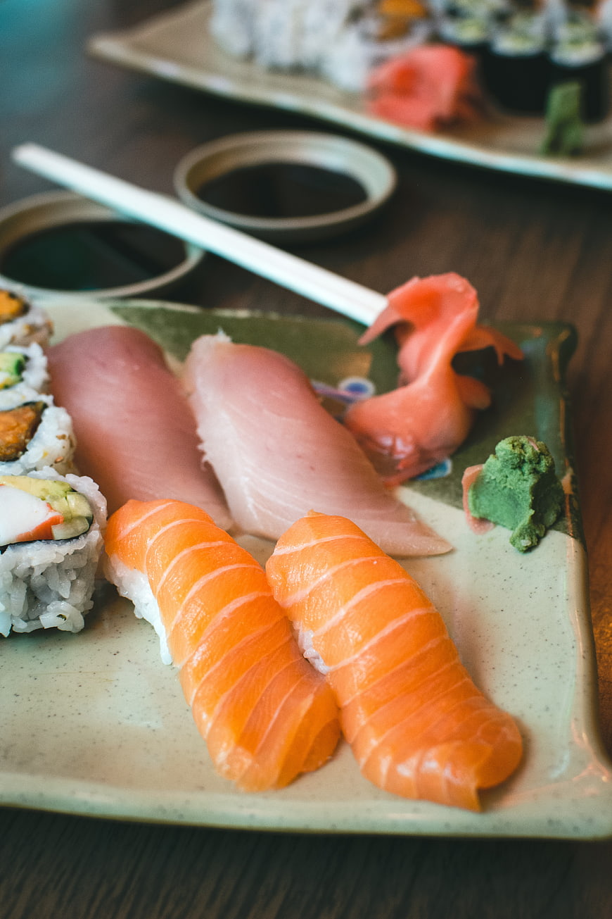 Fresh sushi platter with salmon nigiri and rolls