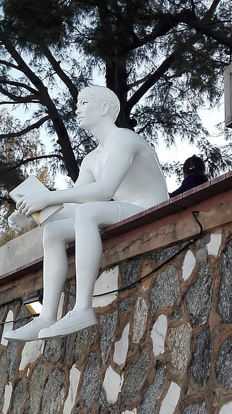 White statue of man reading book on stone wall