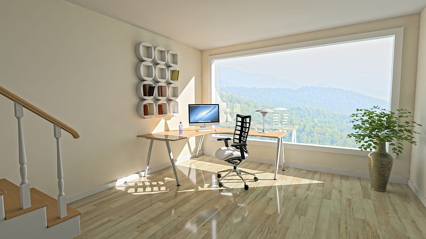 Modern Home Office Interior with Mountain View
