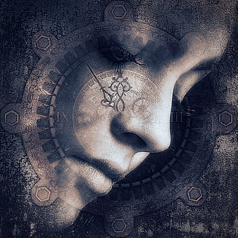 Surreal Steampunk Woman Portrait With Clock Face Overlay