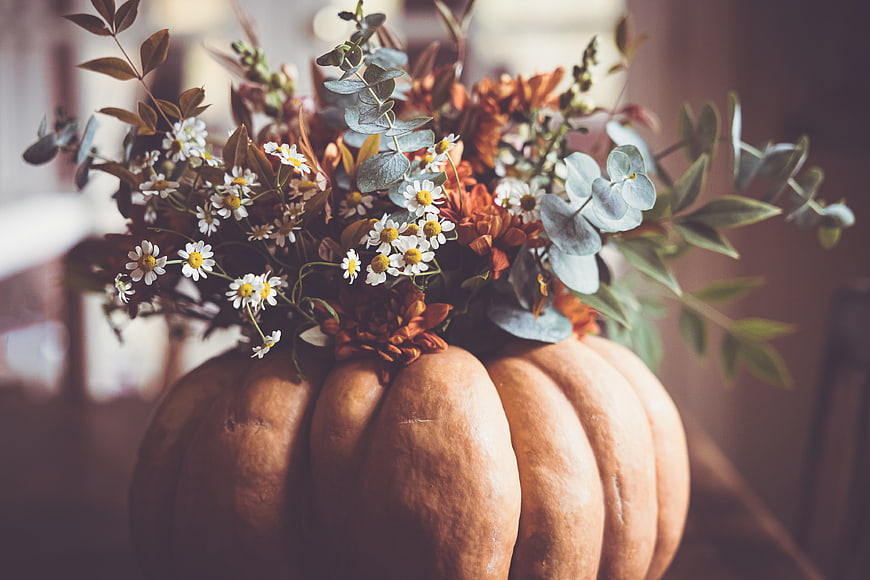 Rustic Autumn Pumpkin Floral Arrangement with Daisies