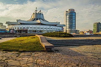 Cityscape with unique architecture and modern skyscraper