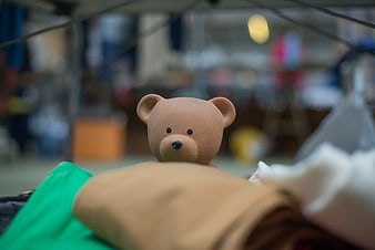 Small Clay Bear Head Toy on Colorful Fabric