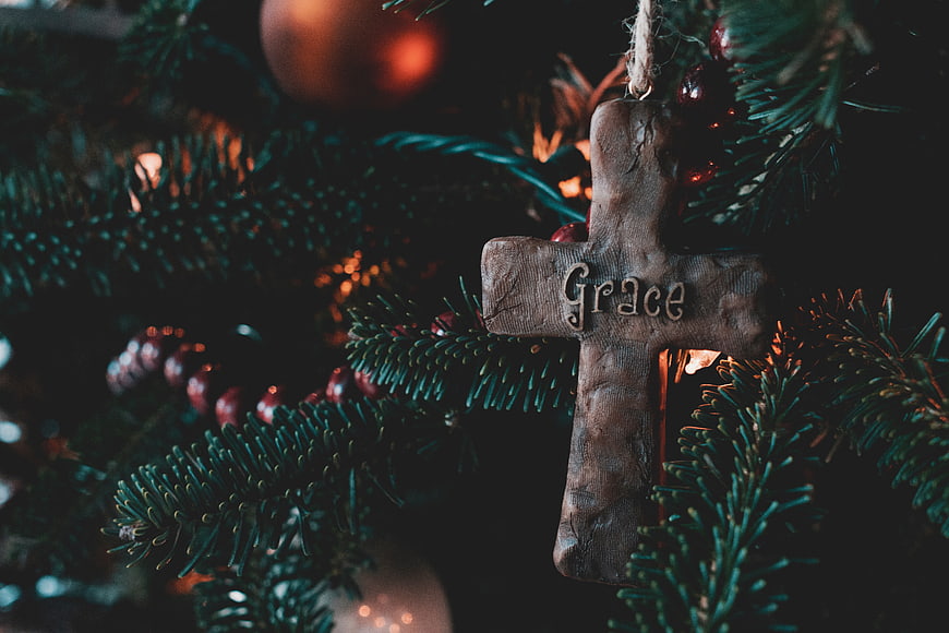 Wooden Cross Ornament with Grace on Christmas Tree